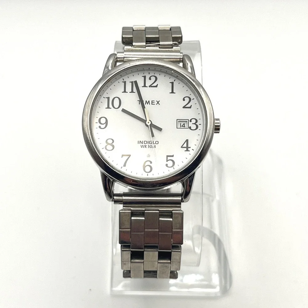 Timex Indiglo WR 30M Silver Tone White Dial Date Watch TW2U84900 Mens 35mm